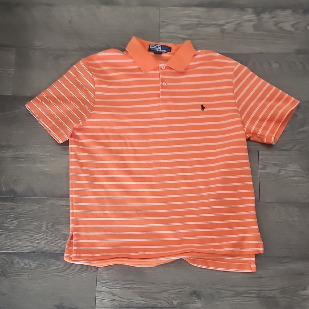 Ralph Lauren polo  Men Large Vibrant Orange White Striped Polo Vintage